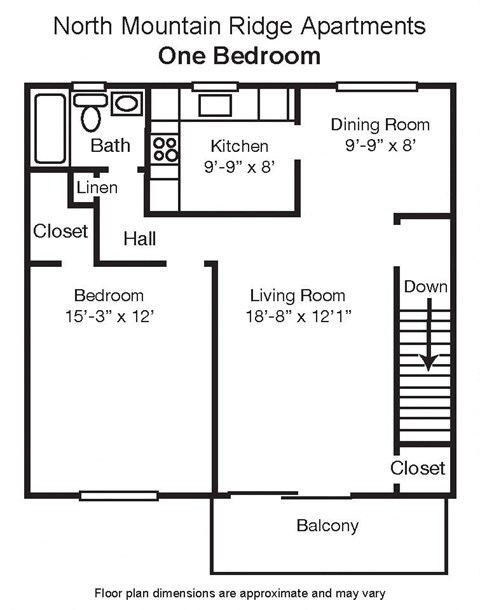 Floor plan for 1 bed, 1 bath, 675 sqft